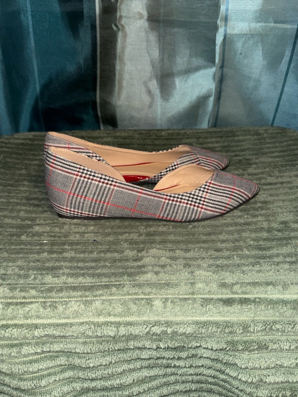 CL by Laundry Plaid Pointed-Toe Flats in Gray with Red Trim